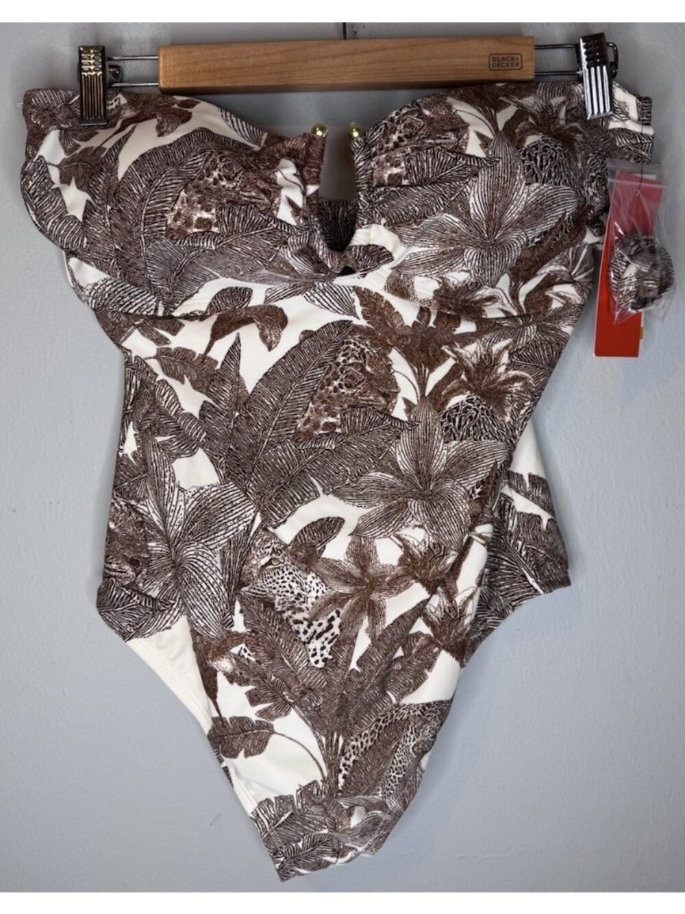 Sofia Vergara One Piece Swimsuit Large Bandeau Brown Leopard Animal Print Palm